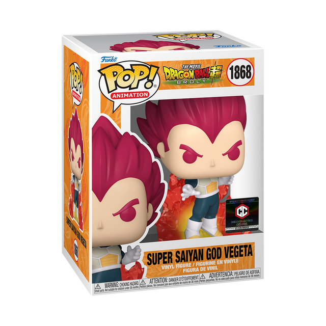 Funko Pop! Dragon Ball Super Broly Super Saiyan God Vegeta with Aura figure, collectible with box imperfection, by Shak's Pop Shop.