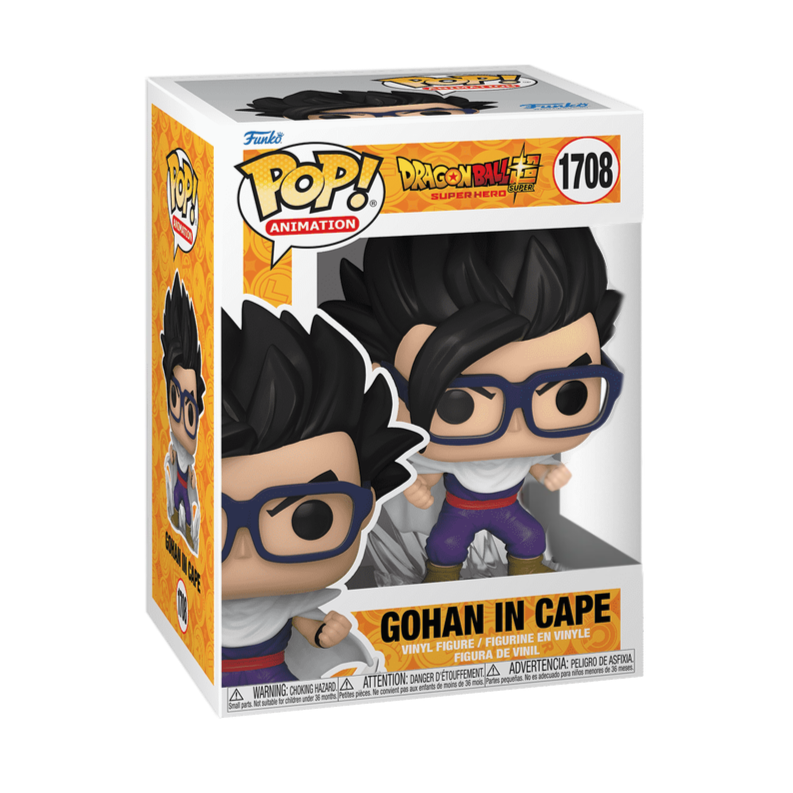 Funko Pop! Animation Gohan in Cape figure from Dragon Ball Super Super Hero, displayed with vibrant colors and iconic character design.