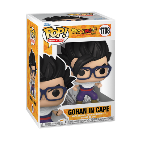 Funko Pop! Animation Gohan in Cape figure from Dragon Ball Super Super Hero, displayed with vibrant colors and iconic character design.