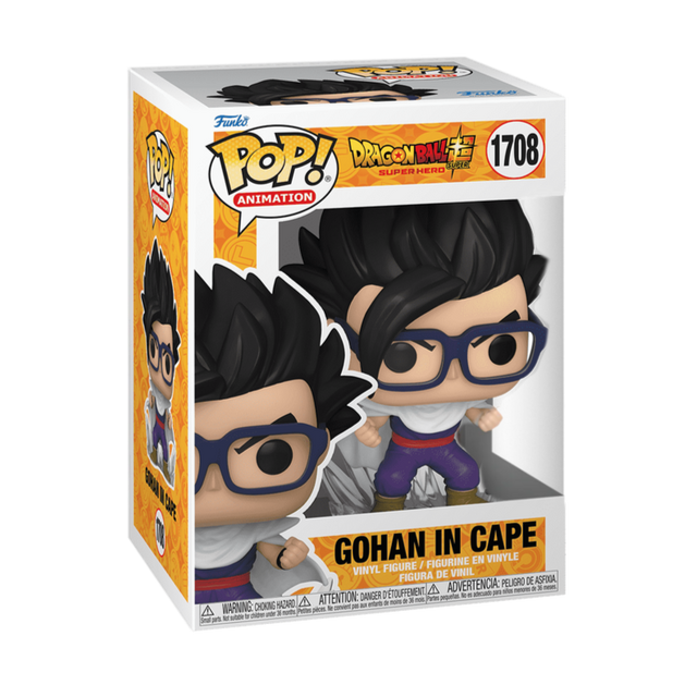 Funko Pop! Animation Gohan in Cape figure from Dragon Ball Super Super Hero, displayed with vibrant colors and iconic character design.