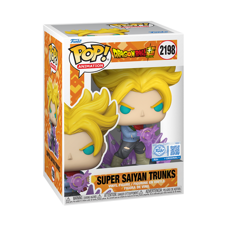 Funko Pop! Animation Dragon Ball Super Super Saiyan Trunks figure in box, featuring a stylized collectible toy from Shak's Pop Shop.
