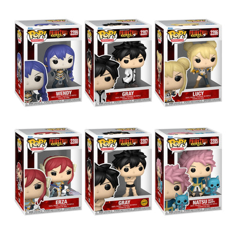 Six Funko Pop! figures from Fairy Tail 100 Years Quest anime bundle, featuring colorful characters in collectible vinyl form.