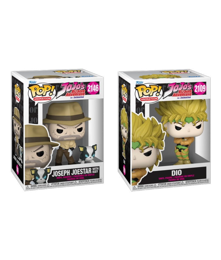 Two Funko Pop! figures from the JoJo's Bizarre Adventure animated series bundle, featuring stylized vinyl collectibles from Shak's Pop Shop.
