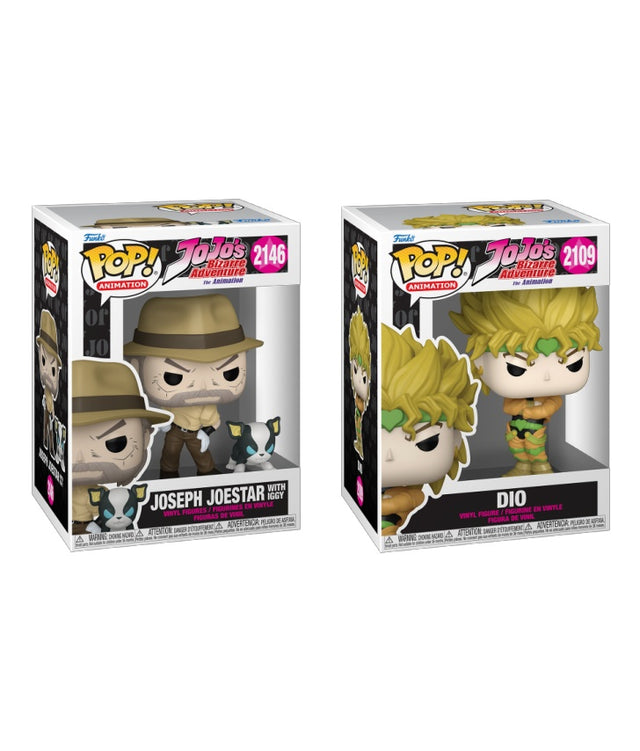 Two Funko Pop! figures from the JoJo's Bizarre Adventure animated series bundle, featuring stylized vinyl collectibles from Shak's Pop Shop.