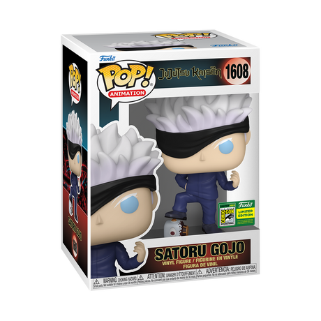 Funko Pop! Animation Satoru Gojo figure from Jujutsu Kaisen standing on Jogo, with 2024 SDCC Convention sticker, by Shak's Pop Shop.