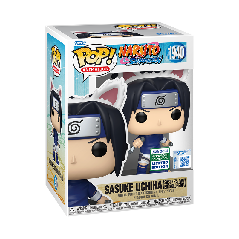 Funko Pop! Animation Naruto Shippuden Sasuke Uchiha figure, exclusive WonderCon 2025 shared collectible, with detailed character design.