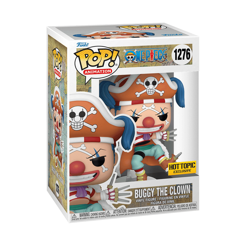 Funko Pop! Animation One Piece Buggy the Clown figure by Shak's Pop Shop, featuring Buggy in colorful costume with wild hair.