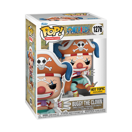 Funko Pop! Animation One Piece Buggy the Clown figure by Shak's Pop Shop, featuring Buggy in colorful costume with wild hair.