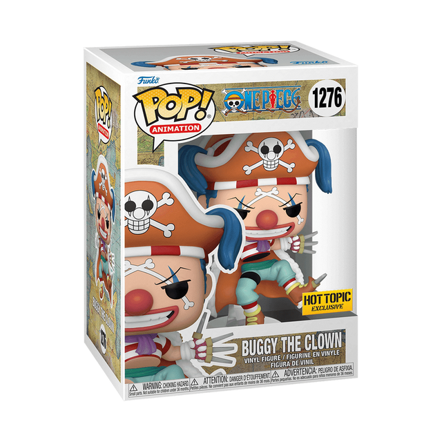 Funko Pop! Animation One Piece Buggy the Clown figure by Shak's Pop Shop, featuring Buggy in colorful costume with wild hair.