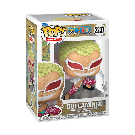 Funko Pop! Animation One Piece Doflamingo figure from Shak's Pop Shop, featuring character with colorful outfit and distinctive stance