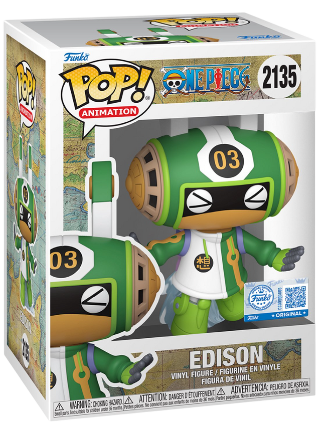 Funko Pop! Animation One Piece Edison figure by Shak's Pop Shop in its box with minor imperfection visible