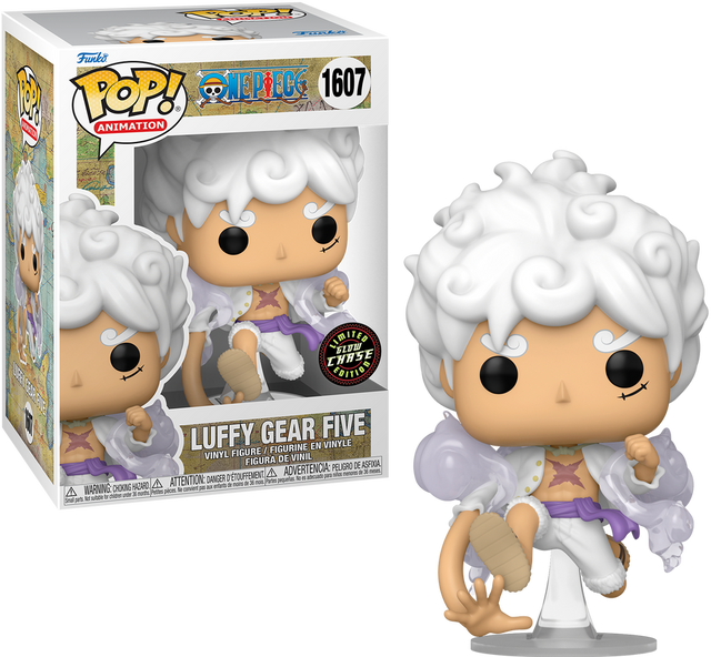Funko Pop! Animation Luffy Gear Five Glow Chase figure from One Piece featuring Luffy in Gear Five pose with glowing details.