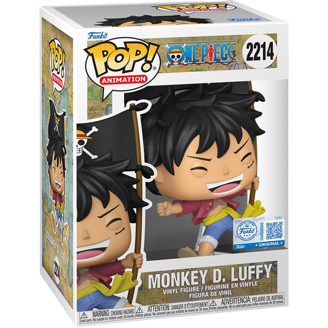 Funko Pop! Animation One Piece Monkey D. Luffy figure with flag, special edition collectible in box, featuring detailed design and vibrant colors.