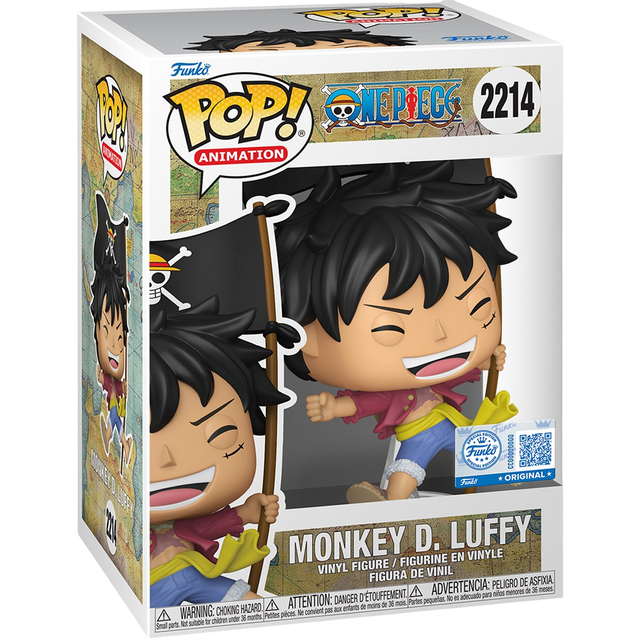 Funko Pop! Animation One Piece Monkey D. Luffy figure with flag, special edition collectible in box, featuring detailed design and vibrant colors.