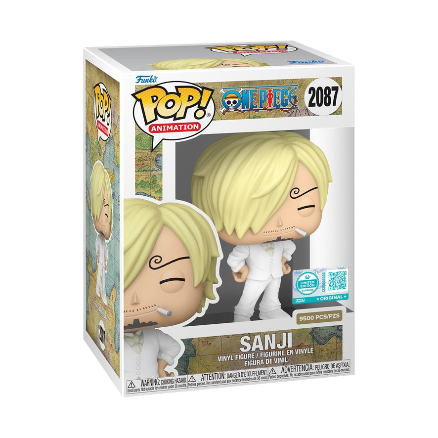 Funko Pop! Animation One Piece Sanji collectible figure, Funko Supreme Edition, with detailed character features and vibrant colors.