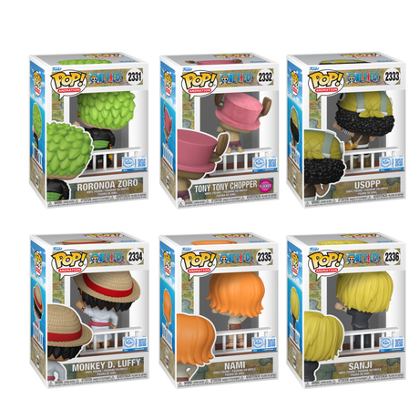 Six Funko Pop! figures from the One Piece Straw Hat Pirates collection, featuring colorful anime character designs.
