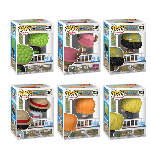 Six Funko Pop! figures from the One Piece Straw Hat Pirates collection, featuring colorful anime character designs.