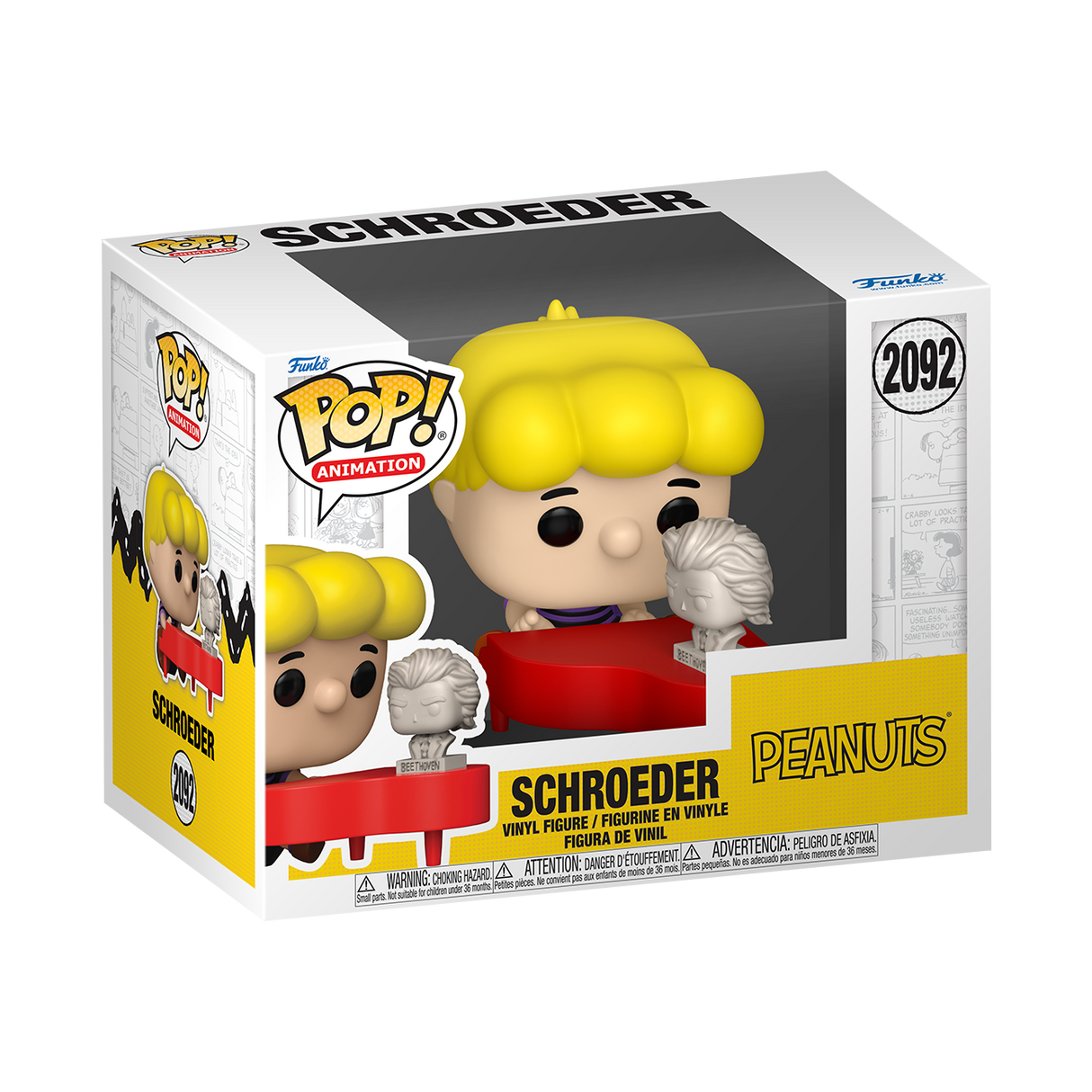 Funko Pop! Animation Schroeder figure from Peanuts series, collectible vinyl toy with bright colors and detailed design.