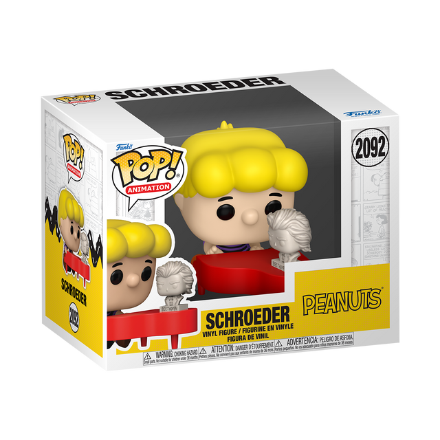 Funko Pop! Animation Schroeder figure from Peanuts series, collectible vinyl toy with bright colors and detailed design.