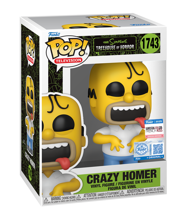 Funko Pop! Animation: The Simpsons Crazy Homer figure with box, featuring a French Kiss exclusive design from Lucca Comic and Games 2025.