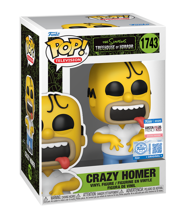 Funko Pop! Animation: The Simpsons Crazy Homer figure with box, featuring a French Kiss exclusive design from Lucca Comic and Games 2025.