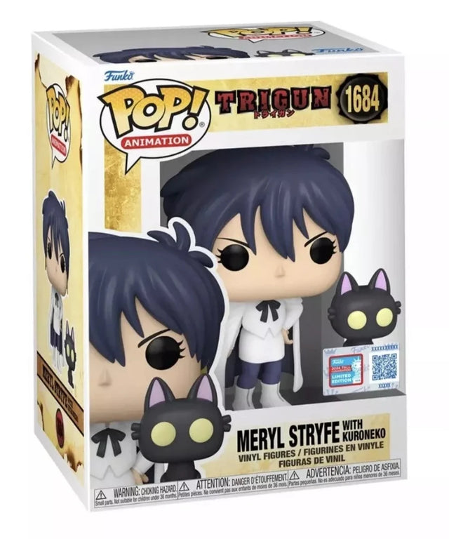 Funko Pop! Animation: Trigun Meryl Stryfe with Kuroneko figure, 2024 NYCC shared exclusive, detailed vinyl collectible.