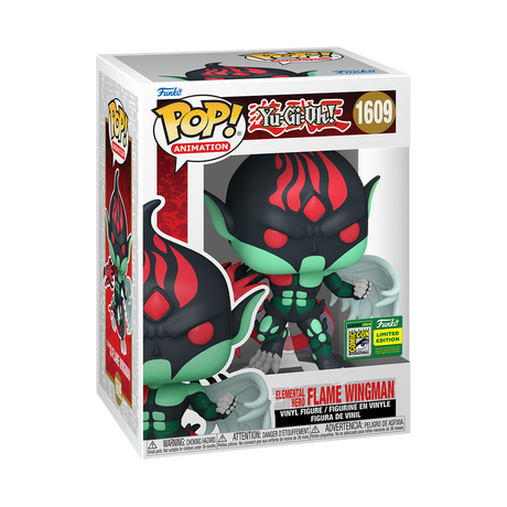 Funko Pop! Animation Yu-Gi-Oh Elemental Hero Flame Wingman figure with SDCC 2024 convention sticker, collectible toy from Shak's Pop Shop