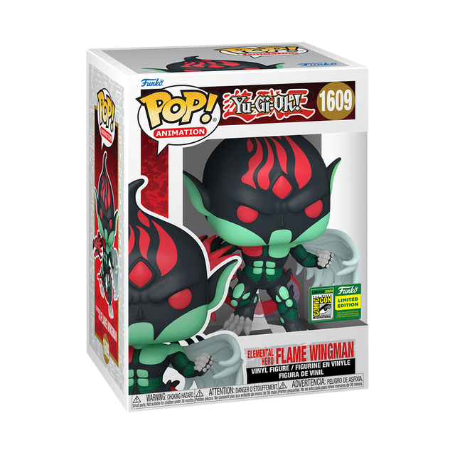 Funko Pop! Animation Yu-Gi-Oh Elemental Hero Flame Wingman figure with SDCC 2024 convention sticker, collectible toy from Shak's Pop Shop