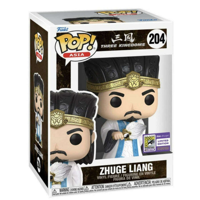 Funko Pop! Asia Three Kingdoms Zhuge Liang collectible figure with SDCC 2023 sticker, featuring detailed design and iconic appearance.