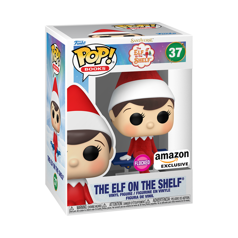 Flocked Elf On The Shelf Funko Pop! figure from Shak's Pop Shop, Amazon Exclusive, showing the collectible character with detailed flocked finish.