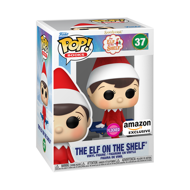 Flocked Elf On The Shelf Funko Pop! figure from Shak's Pop Shop, Amazon Exclusive, showing the collectible character with detailed flocked finish.