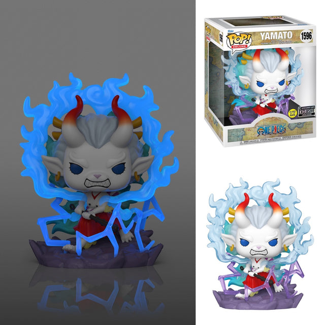 Funko Pop! Deluxe Yamato Man-Beast Form figure with glow effect from One Piece, shown with box imperfection.