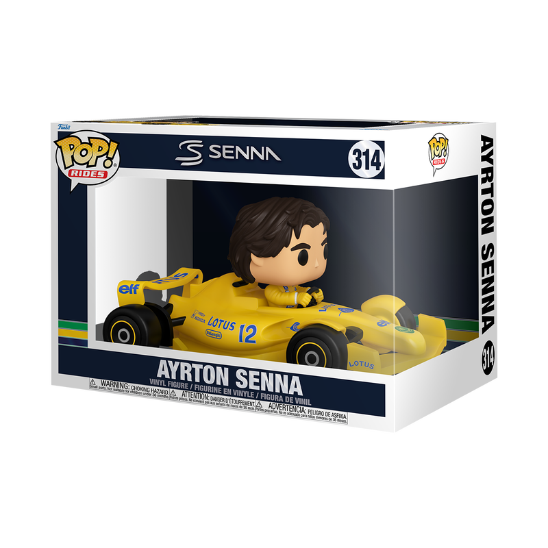 Funko Pop! Deluxe Rides Ayrton Senna in McLaren racing suit with box imperfection, collectible figure from Shak's Pop Shop.