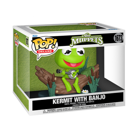 Funko Pop! Deluxe Kermit the Frog from The Muppets holding a banjo, collectible figure with detailed features.