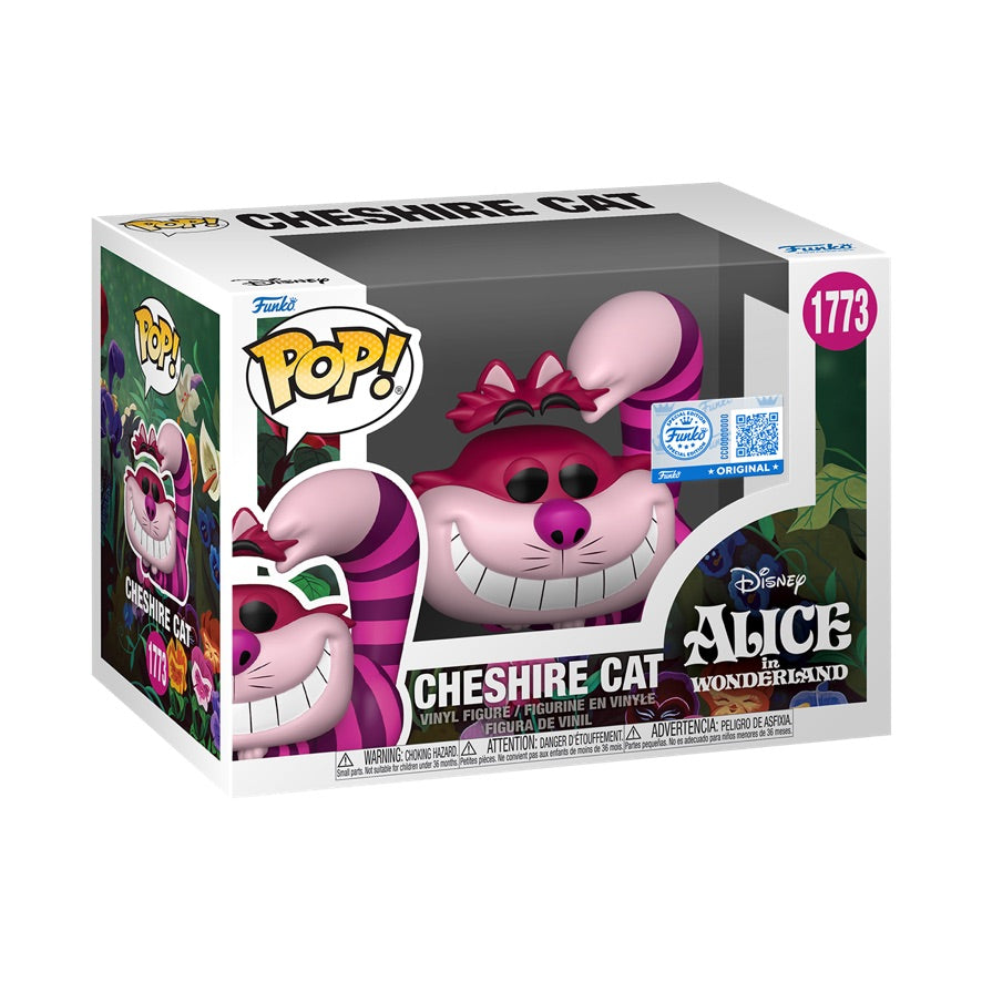 Funko Pop! Disney Alice in Wonderland Cheshire Cat figure, collectible vinyl toy with pink and purple striped fur, exclusive design.