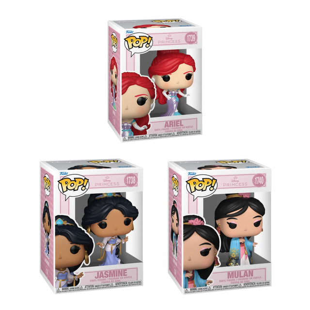 Three Funko Pop! Disney Princess figures from the Grand Entrances bundle featuring classic Disney princess characters.