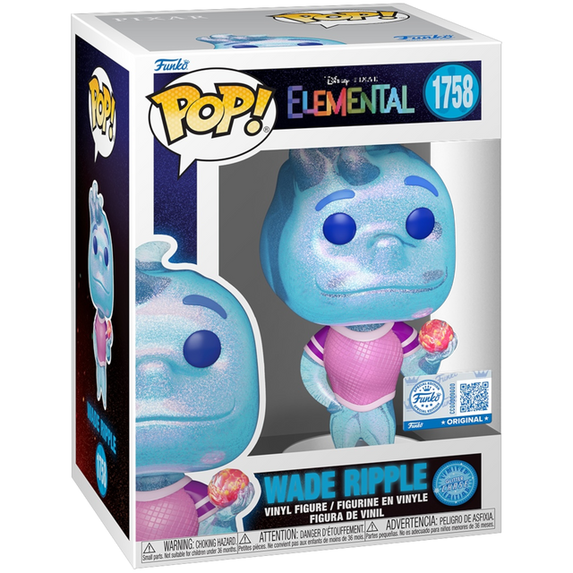Funko Pop! Disney Elemental Wade Ripple Chase figure, exclusive character with vibrant colors and detailed design from Funko Pop! collection.