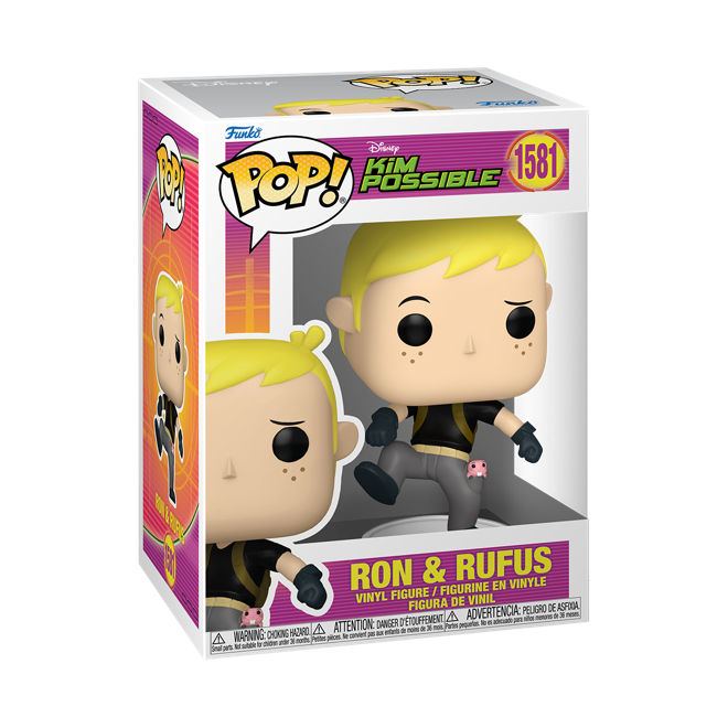 Funko Pop! Disney: Kim Possible featuring Ron and Rufus figures, collectible vinyl toys with detailed character designs.