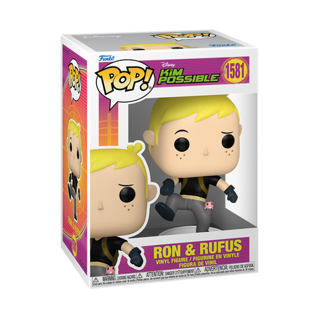 Funko Pop! Disney: Kim Possible featuring Ron and Rufus figures, collectible vinyl toys with detailed character designs.