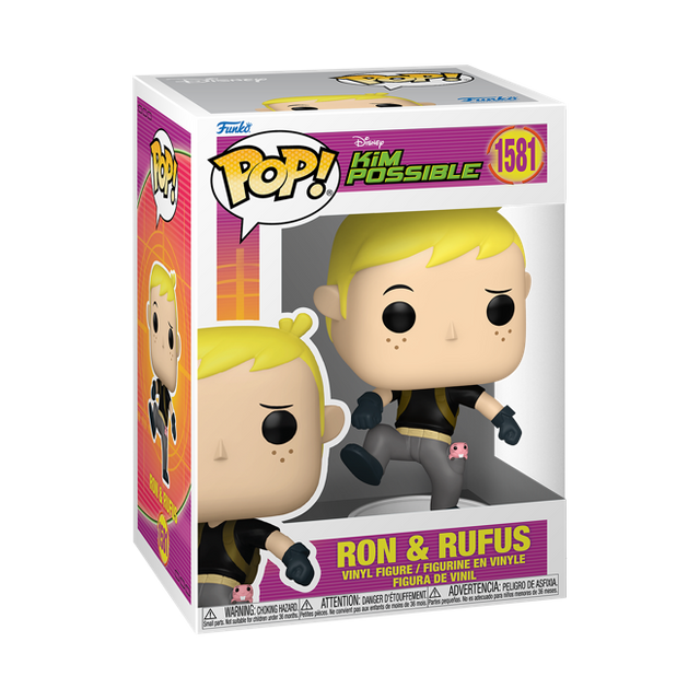 Funko Pop! Disney: Kim Possible featuring Ron and Rufus figures, collectible vinyl toys with detailed character designs.