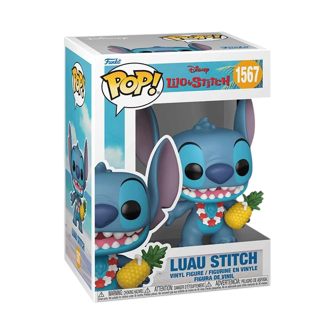 Funko Pop! Disney Lilo and Stitch Luau Stitch figure, collectible vinyl toy with Stitch wearing a Hawaiian lei and grass skirt.