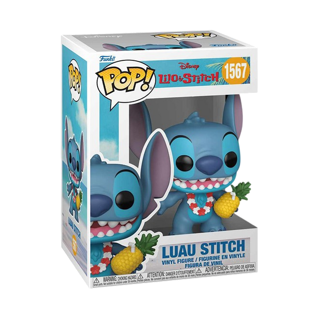 Funko Pop! Disney Lilo and Stitch Luau Stitch figure, collectible vinyl toy with Stitch wearing a Hawaiian lei and grass skirt.
