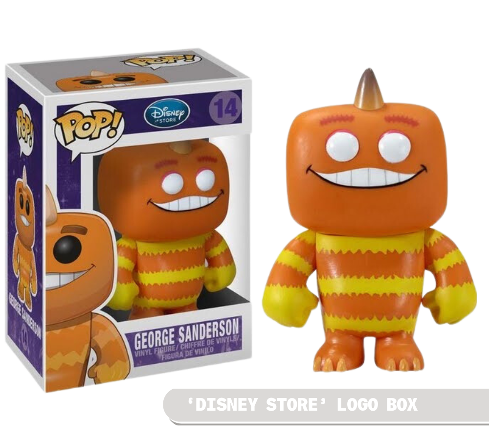 Funko Pop! Disney Monsters Inc. George Sanderson figure by Shak's Pop Shop, featuring character details and Disney branding.