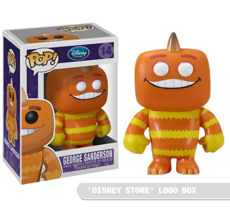Funko Pop! Disney Monsters Inc. George Sanderson figure by Shak's Pop Shop, featuring character details and Disney branding.