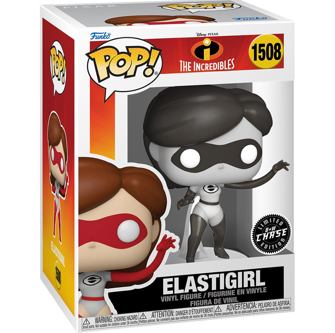 Funko Pop! Disney The Incredibles 20th Anniversary Elastigirl Black & White Chase figure in box with slight imperfection.
