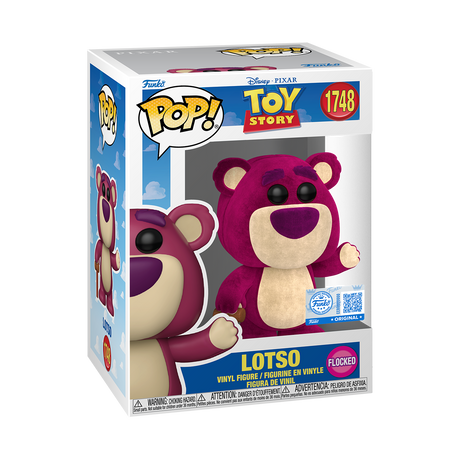 Flocked Lotso Funko Pop! Disney Toy Story collectible figure, exclusive from Shak's Pop Shop, detailed plush-like texture.