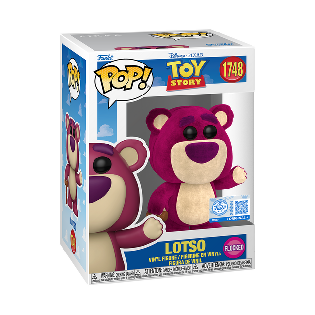 Flocked Lotso Funko Pop! Disney Toy Story collectible figure, exclusive from Shak's Pop Shop, detailed plush-like texture.