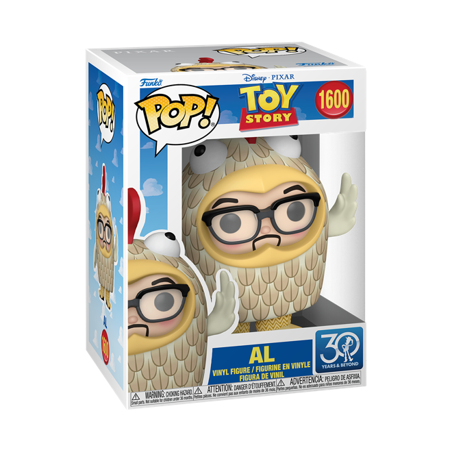 Funko Pop! Disney Toy Story Al figurine from Shak's Pop Shop, featuring a stylized vinyl toy with large eyes and colorful costume.