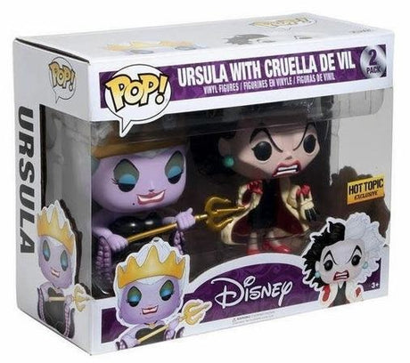 Funko Pop! Disney Ursula with Cruella De Vil 2-pack, collectible figures from Shak's Pop Shop, with box imperfection visible.