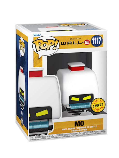 Funko Pop! Disney Wall-E: Mo Chase figure featuring Wall-E character with Mo accessories, displayed in box with slight imperfection.